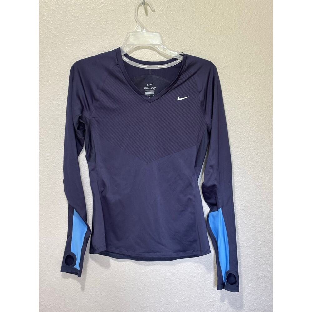 Women’s Nike Running Navy Long Sleeve w/thumbholes Dri-Fit Shirt, size M Medium
